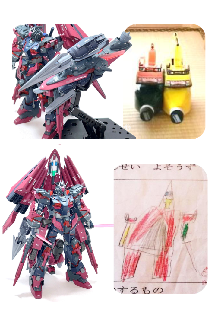 背面のシールドにサタニクスウェポンズのパーツを取り付けることができ,SEED FREEDOMに出てくるシールドブーメランみたいな武器も考えました。これは当時(息子が小1の頃)の「腕だけが別の車になる」変形から発想を得ています。一番最初に描いた絵には「剣」が描かれていたので,ビームサーベルも標準装備にしました。以下からの写真は「車」への「変形手順」です。
