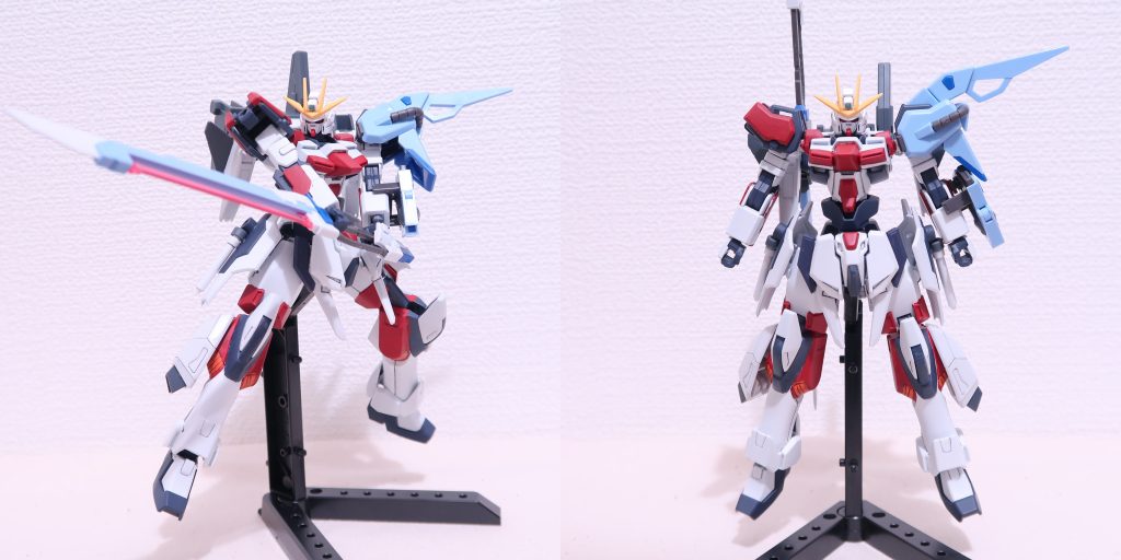 オプションパーツセットのソードストライカー装備。膝のハードポイントには、ウィンダム用のスラスターを増設しています。AGE-FXの肩はかなりよく動くんですけど、それでも両手持ちは限界ギリギリ。