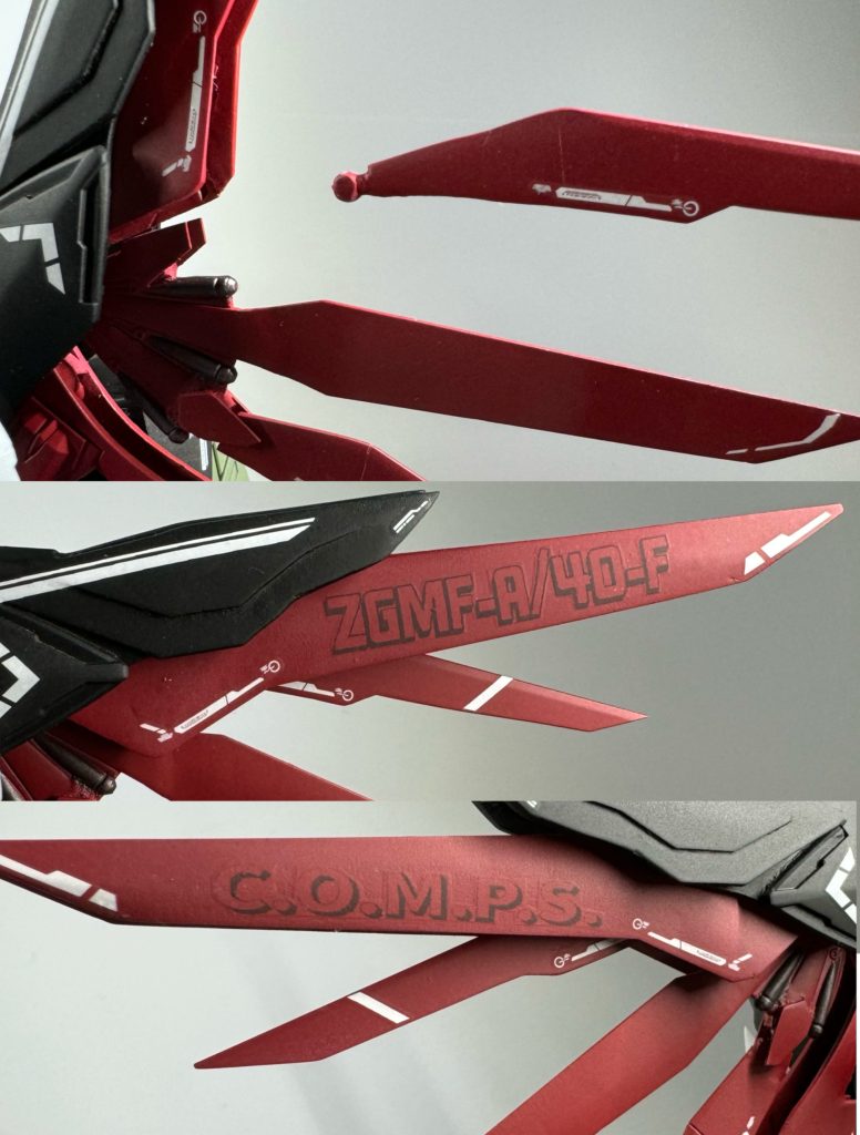 【武装】長距離ビーム砲はHGCEデスティニーの物をそのまま使用し、アロンダイトはHGCEデスティニーのアロンダイトが以前他のミキシングでバラバラになっていたので、旧HGデスティニーのアロンダイトとニコイチでそれっぽく元に戻して使っています。気になる方も多い35式レールガンですが、海外のリサイズされたプラモをお湯まるで型取りしレジンで複製して作りました。まんま35式レールガンだと面白くないかなと一部ディティールを潰したり、形状変更をしています。※複製技術が微妙な故に表面凸凹なのは生暖かい目で見て下さい…