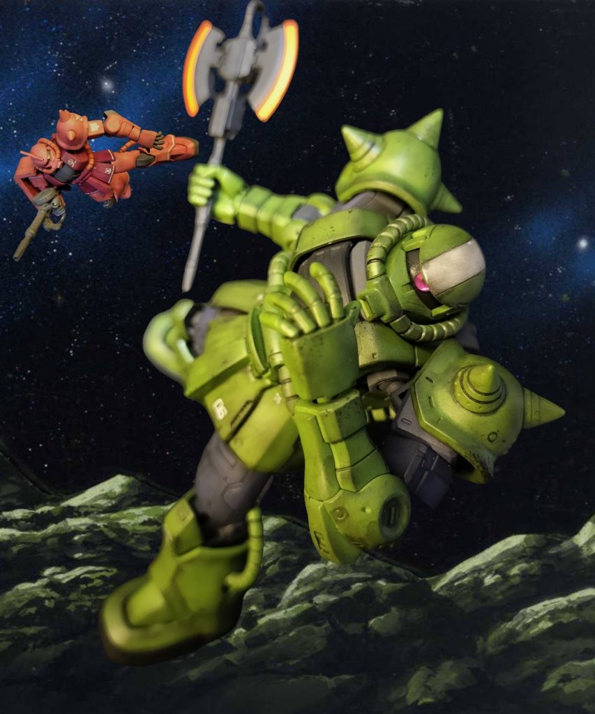 「にわか造りの連邦のMSなど一撃で倒してみせるわ！」息巻くガデムですが、武器なしだと苦戦しそうなので両刃斧を持たせてみました。シャアと連携すればいい勝負だったかも知れませんｗ