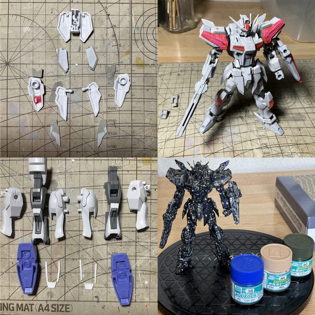 工作は、アーマーや足裏の裏打ちや、脛裏パーツを切り離して合わせ目消しなど。パンチのときにカメラ目線が撮りやすいように、首のパーツを数ミリ延長しています。さらに今回はレインボー塗装という技法に挑戦しました。特に白い部分に、細かい凹凸が見えるのはこのためです。