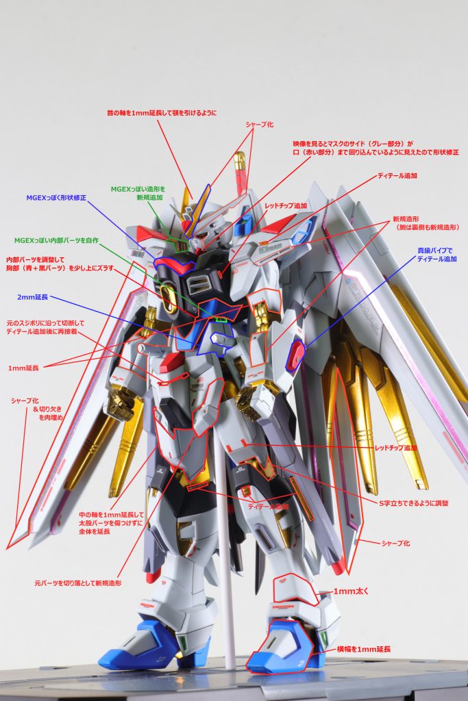 改修箇所がかなり多いのでざっくり紹介です。当初は頭部の電飾もするつもりで内部を削りこんでました(断念済み)。その理由がよくよく考えるとストフリの目は黄色、しかし元パーツはクリアブルー成型色。つまり電飾を仕込んで青く光るのは設定と違ってしまうのでは・・・?となりました。なのでシリコンを買って型取りしてクリアレジンで再成型することを考えていましたが、クリアイエローのパーツは電飾がOFFのとき、色が暗くなりすぎて通常時の見栄えが悪くなりそうなので断念しました。(あとシリコン残ってないし、クリアレジンはダメになっていたので準備費の費用でヒヨってしまった・・・)