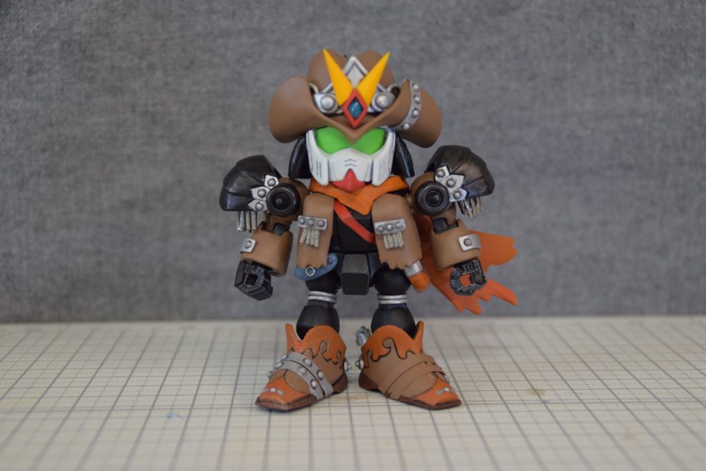 全体像です。Legend BB騎士ガンダムの素体とクロスシルエットフレーム付属のジムヘッドをベースに帽子やジャケット、その他もろもろの付属品をスクラッチしました。