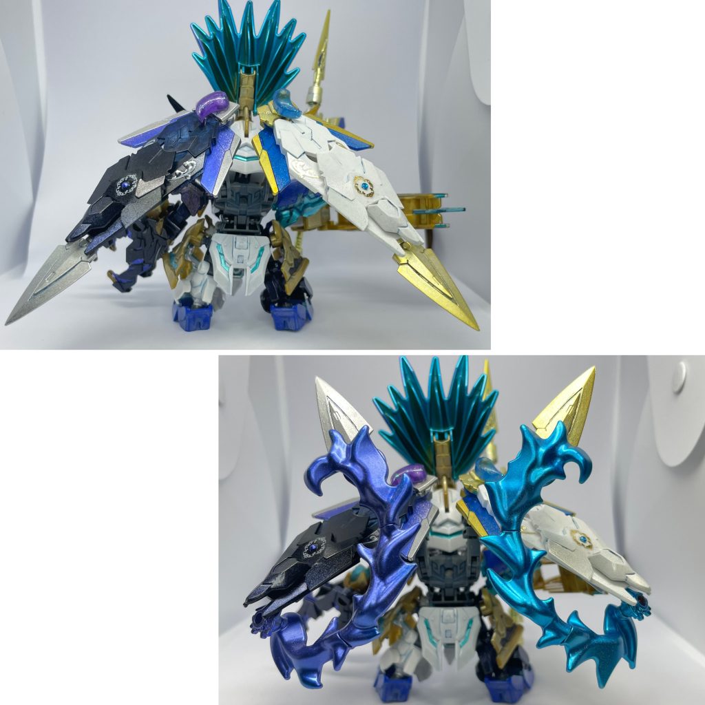【双極】その背には空を自由に舞うための翼が生えている。戦闘時に炎が吹き出し、先端の刃で攻撃することも可能。背中にはアームドアーマーDEをイメージして、HGユニコーンの盾を加工したものを贅沢に2個使用。闇カラーの方はクリア成形のバンシィのが手に入ったのでグラデ塗装でクリア部分を生かしてみました盾に装着している刃パーツが炎エフェクトと合体してスタビライザーのような形になります
