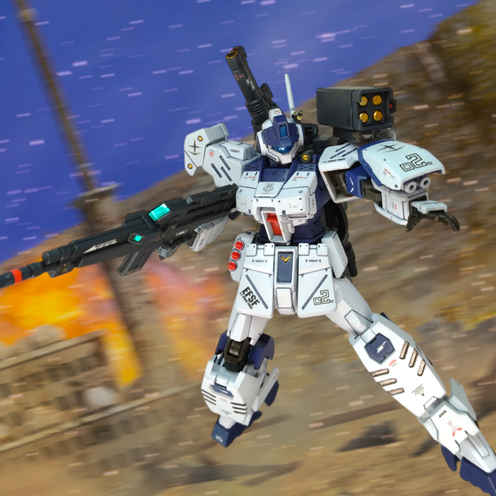 背中の武器によっていろいろな表情を見せてくれます。このあたりは砲戦機ならではの楽しさですね！ミサイルランチャー&オリジンキャノンで一年戦争時代でも違和感の無い感じに