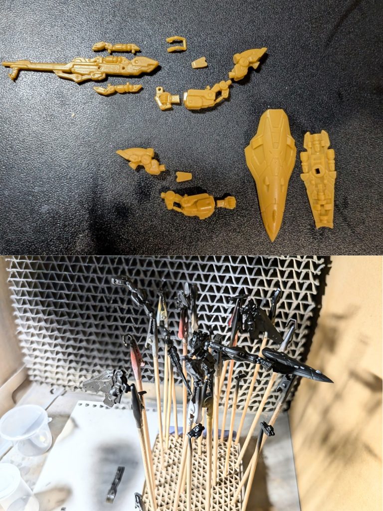 製作工程ライフルと腕部、足の大部分に合わせ目がきていました。対策として両手首と腕部、ライフルと手首のみ後ハメ加工をし、接着後に合わせ目消しをしました。脚部は面倒だったので全て下地前に接着し合わせ目消しをしています。他は塗り分けしやすいようなるべく分割されたまま塗装しました。下地は筆の届かない所が影になるよう、また関節部を塗装しないで済むように黒サフの1000番をエアブラシで吹きました。筆塗りでもよかったのですが、塗装が筆塗りで塗膜が厚くなるため、薄く均一にしたかったので…