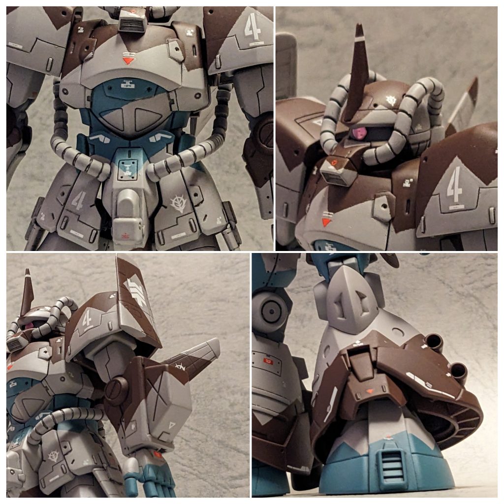 各部アップ。肩、腰、背中に付いてるウイングは1/144スケールの第2次世界大戦時の戦闘機の食玩を使用しました。モールドがかなり細かく入っていたので、他のパーツにも、バランスよく筋彫りを入れてみました。　頭部パイプは設定画のうねる感じを出すために一房分追加して、手でうねらせてます。　腹部の三角窓の部分は設定画では消されているのですが、前述したように筋彫り系のディテールを増やしたかったのであえて残してます。（決して消すのが面倒だったからでは、無いです。いや、ほんと）　脚部パーツ内側にあるフィンパーツはプラ板を一枚ずつ並べたのですが、下から覗かないと基本的に見れないのですがお気に入りの部分です。