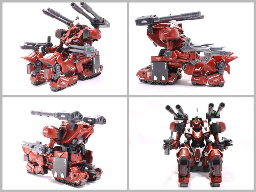 タンク形態を各アングルで。重心を低く足を90度前に出せるように、股関節の幅を少し広げてます。腰のサイドアーマーは、プラ板スクラッチです。