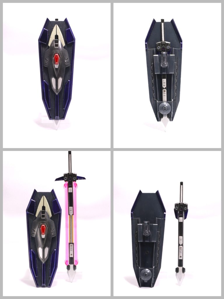 ラージシールドとビームバスターソード「テンペスト改」。グフイグナイテッドの機構を取り入れシールド裏に収納可能にし大型化。バスタソードも伸縮機構と鍔の開閉機構は製作。シールドのクローアンカーも開閉取り外し可能です。