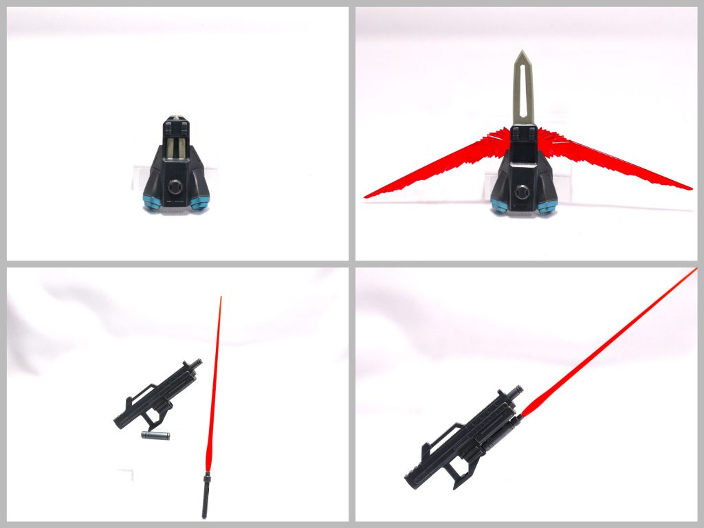 スラッシュガントレットは、実体刃とビーム刃を内臓。右腕前腕から打ち出して近接強襲武装として使用します。今回、シヴァのヒートソードをオミットしたので、実体刃形状をあわせました。専用ビームライフルは、下部にビームサーベルを懸架可能。