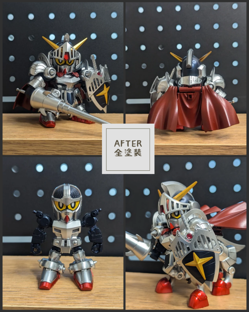 塗装後青部分をガイアノーツのプリズムブルーブラックで塗って落ち着いた印象にしてみました。あとマントも若干グラデーションにしました。ちなみに兜のメッキパーツはメッキ剥がししてから塗りました。