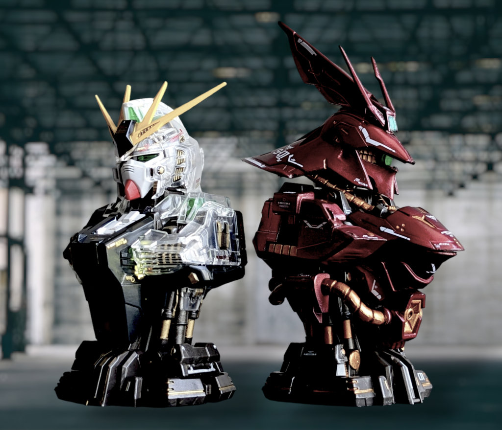νガンダムのメカニカルバストは一部クリア外装を使って組んだので内部フレームを確認することもでき、デザイン見本としてストーリーにも偶然はまりました（笑）
