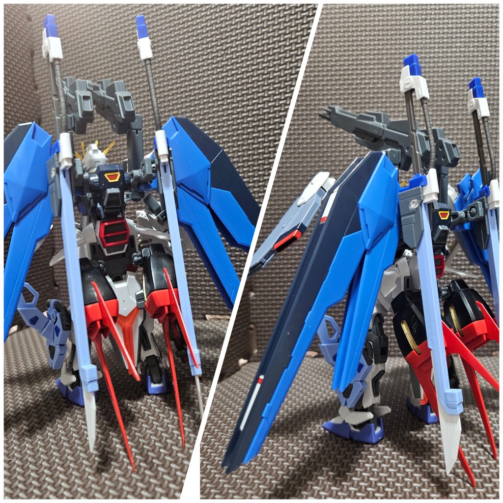 背面には15.78mm対艦刀シュベルトゲベールを2振りもちろん、ハイマットモード、バラエーナも使用可能。アグニの代わりにテレスコピックビーム砲塔を装備。デスティニーシルエットインスパイアです。デスティニーシルエット同様脇から出す事も出来ます。