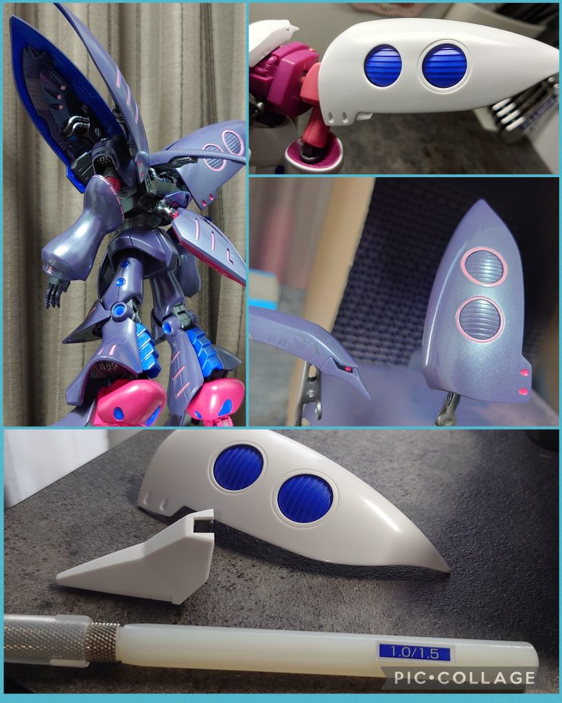 バインダーの丸い所もイボルブ版を参考にBMCダンモの1.5mmと1.0mmをそれぞれ使ってフチに丸いディテールを追加しました。なお、カラーリングは下地のピンクサフを活かしてホワイトパール塗装で仕上げた感じです。バインダー内側のパーツは何となく気分で細かく塗り分けてみました。あまり見えない箇所なのに何故そうしたのか自分でもよく分かりません。。🤣