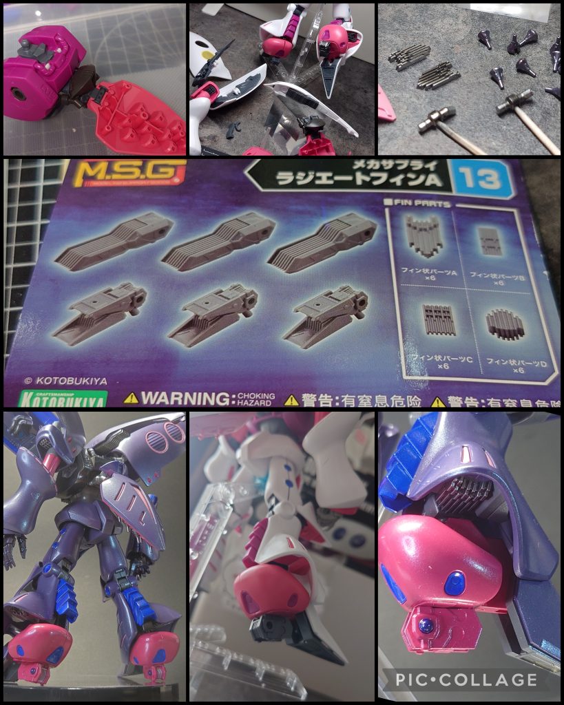 踵のハイヒール化のパーツやラジエートフィンはコトブキヤさんのディテールアップパーツを使用しました。踵がハイヒール化するに伴い、足つま先部分も接続軸を加工して同じ高さになるようにしています。ファンネルコンテナの接続部延長に使用したパーツは、ビルド系のガンプラバトルアームアームズのものと鉄血のオルフェンズMSオプションセット9のものを適当に見繕ってみました。