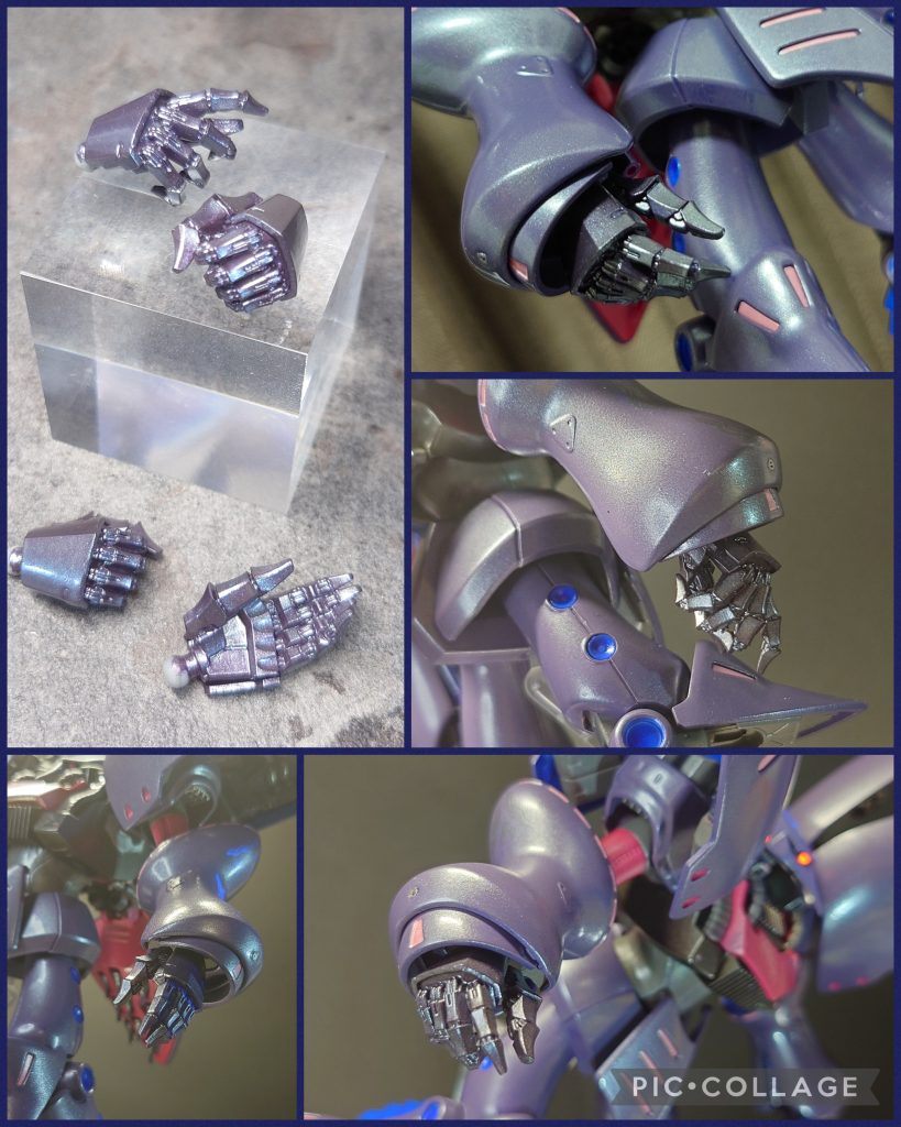 今回一番のお気に入り箇所✋😌使用したハンドパーツは三角屋さんのNoble Hands Ⅱ(BASIC SET)の12.58mm です。接続軸はそのままだと入らないのでヤスって調整しています。塗装はファンネルの塗装レシピと同じですが、自分で調色しストックしている濃いめ/暗めでやや赤みがかったメタリックパープルの上からホワイトパールを重ね、光沢クリアで仕上げました。今回この色味が(他の色との組み合わせと比較した中でも)とても気に入ったので今後他の機体でも使用してみようと思いました😊