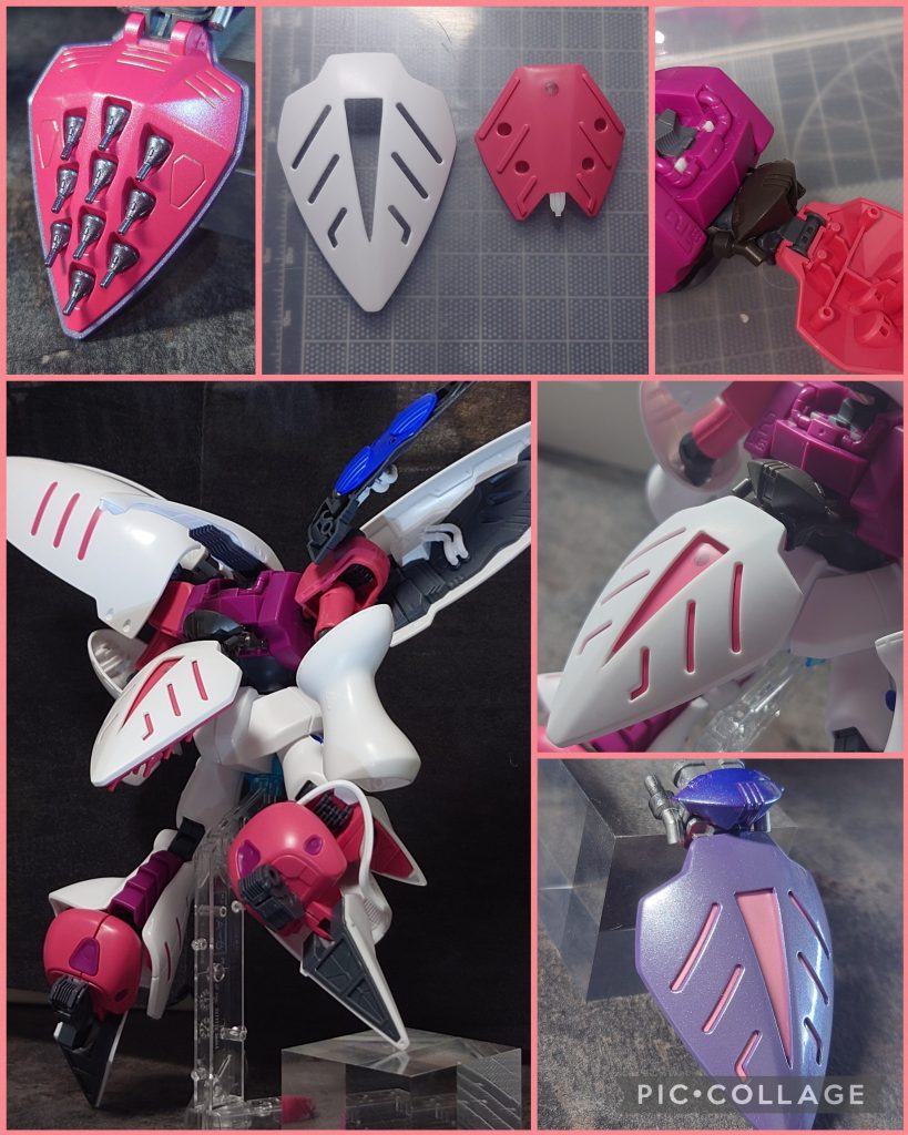 ファンネルコンテナ表面の中央部はイボルブ版のディテールを参考に「▼」型にくり抜きました。そのままだと接続部の丸穴や下の方に隙間が生じるためプラ板で埋め/貼りしました。後ろから見た時にとても目立つ箇所なのですが、そこそこ綺麗に工作できたので嬉しいです😌