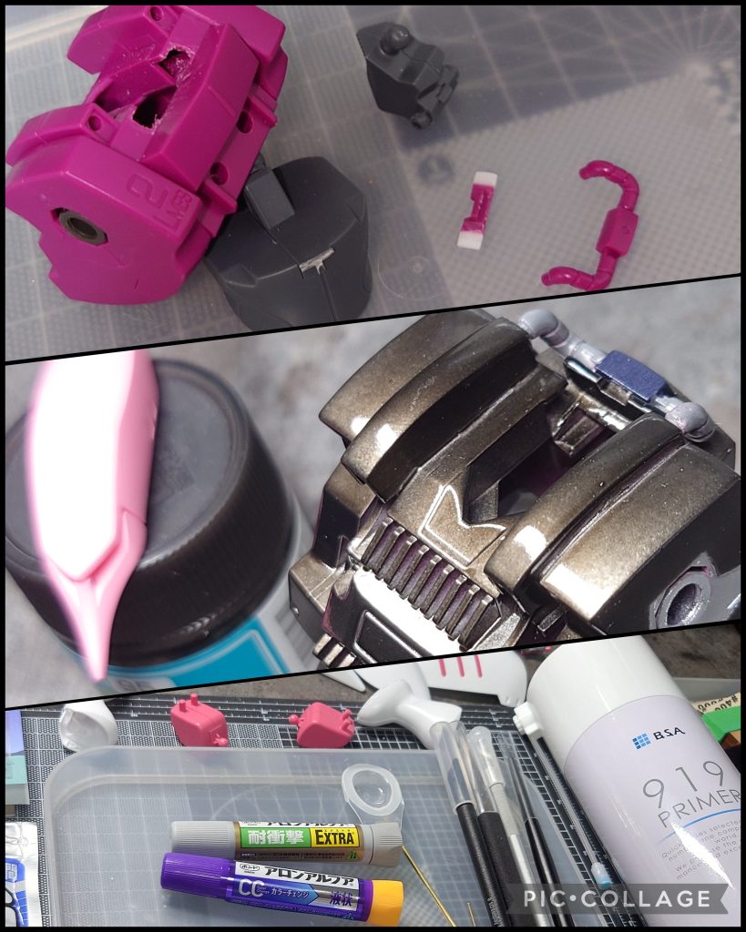 とりあえず肩・腕・胴体の合わせ目消しのために後ハメ加工をしました。そして頭部・肩・足まわりのチラ見えしそうな所にMSGのラジエートフィンパーツをペタッと貼る感じでディテールを増やすことに。なお、合わせ目消しについて、これまではタミヤセメントで接着し、5日位おいてからヤスって消してたのですが、直近で・クレオス セメントSP 長期欠品 ※7月下旬に丸瓶で再販開始・ガイア セメント 新発売という話題を耳にしたので何となくやり方を変える良いきっかけ?として今回から瞬間接着剤+硬化促進剤で即ヤスるやり方に変えてみました。結果、普通に時短で合わせ目を消すことができました。元々制作が遅いタイプなのでこれでほんの少しはスピードがあがるかも??🐢💦😅その他、下地となるサフは自分好みに調合したピンクサフを使ってます。