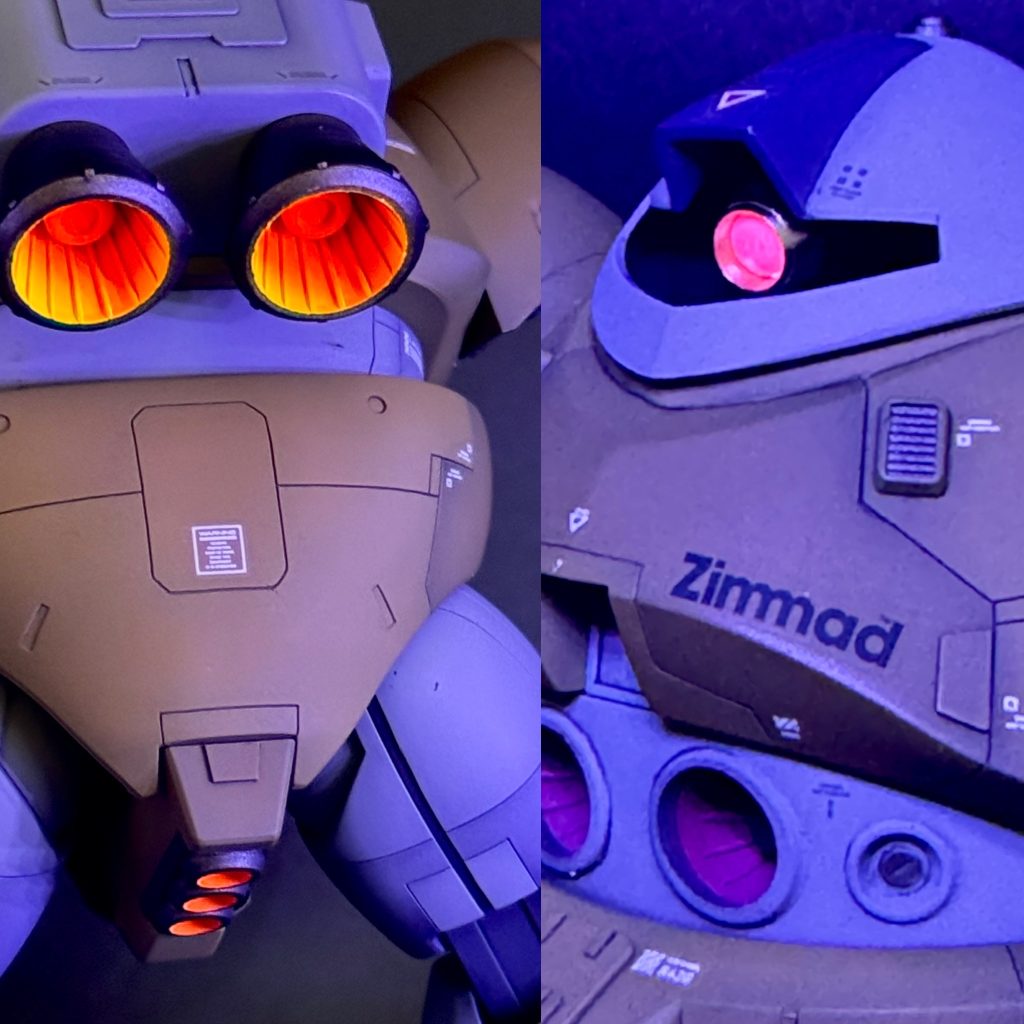 バーニアとモノアイを蛍光塗料で塗って、光らせて見ました。