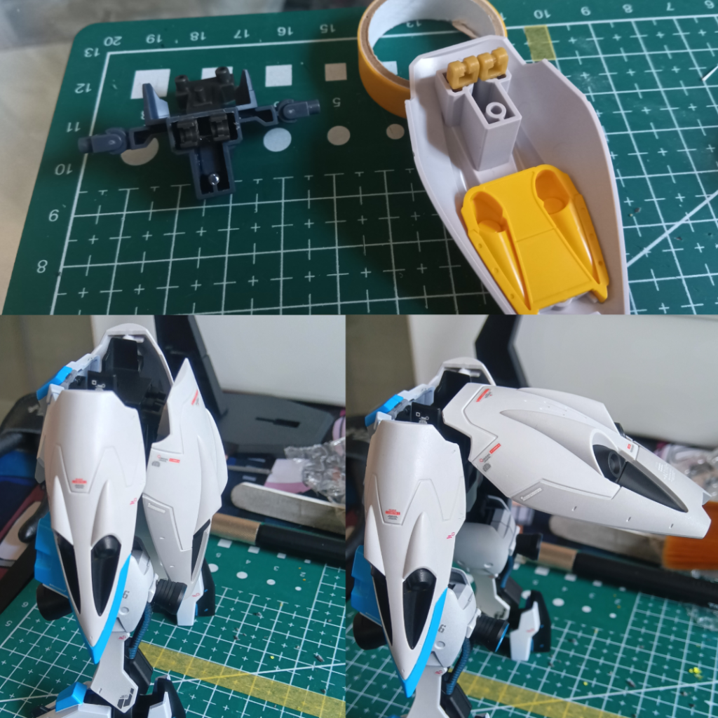 リアアーマーは動かず足と干渉してたのでサイドアーマーの接続部を移植して可動出来るようにしました。