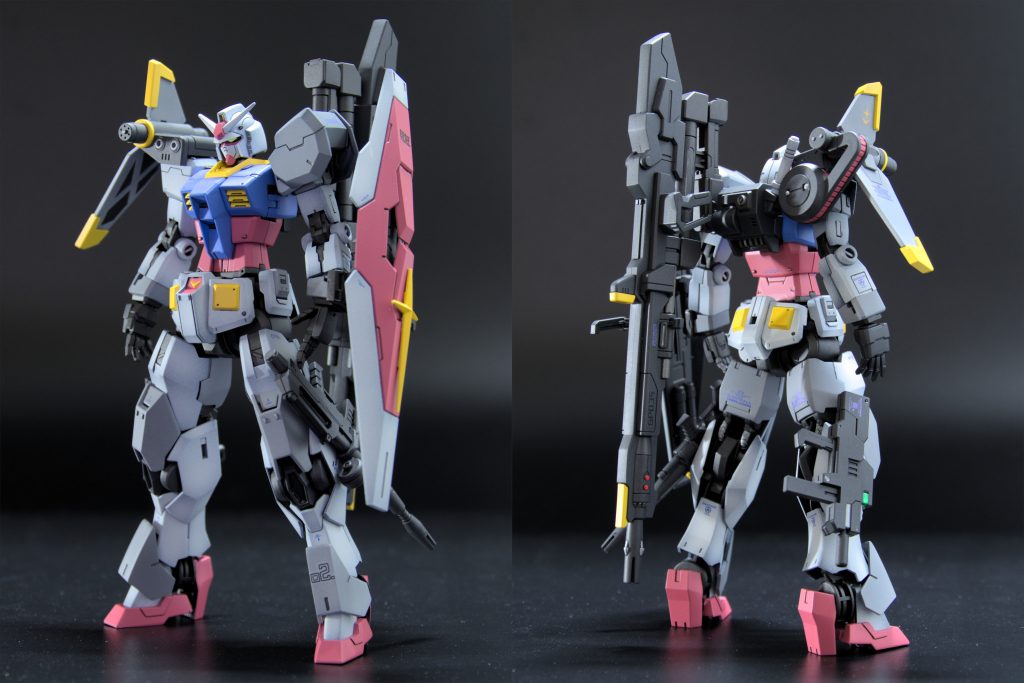 ガンヴォルヴァの足のデザインがカッコよいのでミキシングの素材にしたいとずっと考えてました。スタイリッシュすぎるビヨンドグローバルと組み合わせるとよい感じになるのでは?と思いチャレンジ。単純に足の交換でいけるかなと思ってましたが軸の形状が違ったため、想定以上に切って貼っての改造が必要でした。大型の武装が欲しいと思ってたところにストライカーパックが発売されたため採用。こちらもバックパックの接続軸や肩の接続がそのままでは無理なので要改修でした。一方、シールドの接続は無改修でできました。十字マークだけ移植。