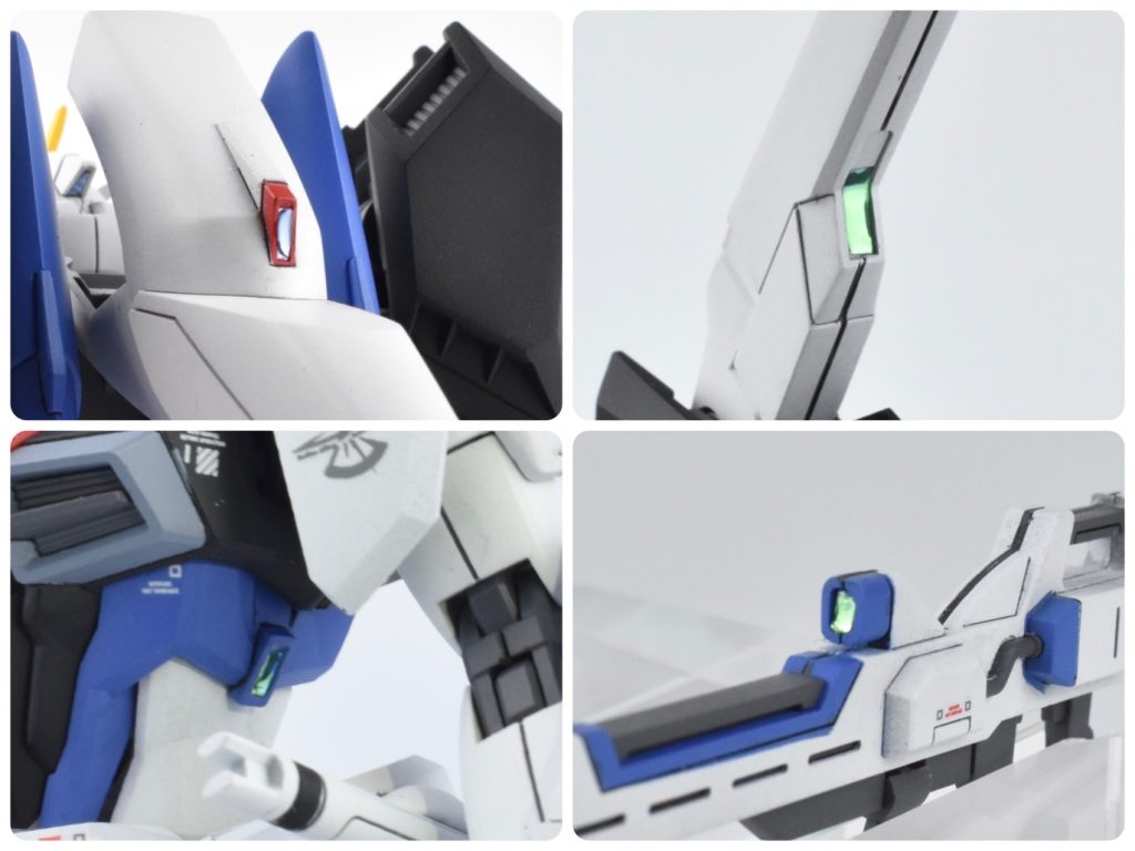 HG 1/144 ライジングフリーダムガンダムには、至る所にあるセンサーやスコープ部分にオーロラシールやUVジェルをコーティングして、ディテールアップをしています。
