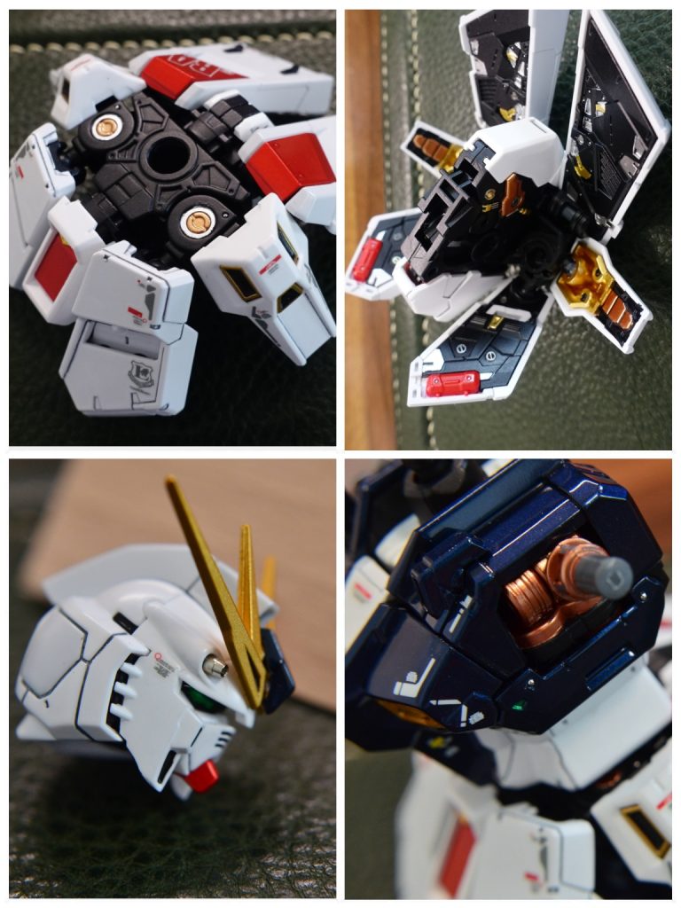 腰外装の赤色はファンデーションピンク→プライマーメタリックレッド→ステインレッド→6〜7割光沢仕上げ。内側の塗り分けのはみ出し多し😭これまでで一番酷い。。胴ここは開閉させることはほぼないと思うので内部の塗り分けなし。スチールボールの埋め込みとグリーンポイントをアクセントに。グリーンポイントはEXブラック→トルマリングリーン→蛍光グリーン頭メタルのバルカンの取り付け。