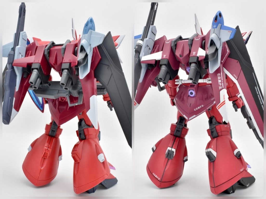 HG 1/144 ゲルググメナース(ルナマリア・ホーク専用機)は、付属のシールによる色分けが多かったため、説明書の作例に近づけるべく、かなりの色分けを追加しています。特にウイング部分は、素組みでは真っ黒だったので、色分けを施すことで情報量が大幅に増したと思います!