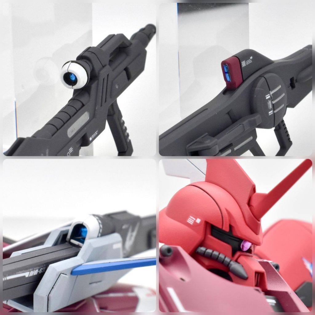 さらに、ライフルのスコープや頭部のモノアイには、付属のシールの上からUVジェルでコーティングして立体感を持たせました。スコープにはオーロラシールも追加して、より輝きを強調しています。最後にここまでご覧いただきありがとうございます!塗装レシピが気になる方はこちらの記事にまとめたので、ぜひ参考にしてみてください!