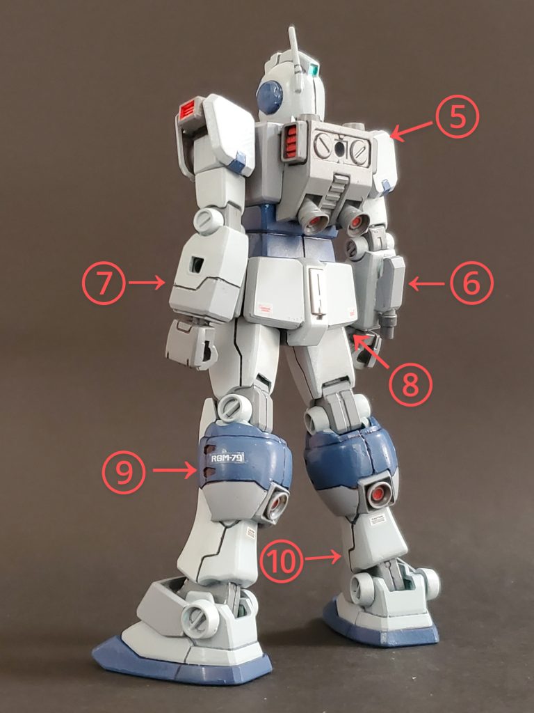 ⑤バックパックは後の全方位バーニアをイメージして左右にスラスター、上部には丸型バーニアを追加しました🎒✨メインバーニアノズル口もパーツを足してディテール🆙です🙌⑥右腕にはスナイパーカスタムへの繋がりを感じさせるため、固定式ビームサーベルラックを用意🎵基部は陸戦型ガンダムのマシンガンのマガジンを使いました👍⑦左腕はなにもなしでは寂しいのでスジ彫りを加えました🎵⑧腰アーマー裏側は安定のガンダムパーツ😅スプレーガンもマウントさせたかったのでホルダー機能の兼ね合いで選択👍⑨今回の目玉の1つ、ふくらはぎパーツ❗ふくらはぎを大きくして存在感アップさせたいな~と思い、軽い気持ちで合わせてみたパワードジムのパーツ💡ほぼ合いそうだったので内部を削り込み、完全に挟めるようにしました✴️そしてバーニアノズルは四角と丸型バーニアの組み合わせで仕上げております~🤩⑩ここのスジ彫りはないとね🎵という感じでふくらはぎから下にかけてスジ彫り追加です🤭✨