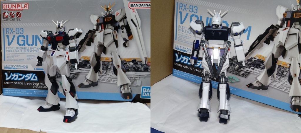 まずベースとなる『ν-Hガンダム』のノーマル時はこのような姿。二丁ライフルを装備した機体になります。この姿では、主に陸戦での戦闘が向いているのかもしれません。 背中をよく見ると分かりますが、ジョイントの穴の上に新たに穴を空けました。これはマルチプルストライカーを装備する為の穴で、本来の穴だと下過ぎて上手く装備できなかったからです。