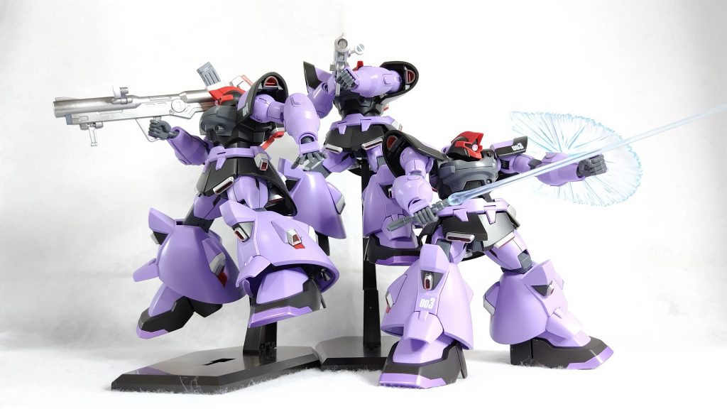 キットには高低差をつけられるスタンドがあるのでディスプレイがとても楽しいです。劇中ではルナマリアはこの3体と戦たんですが、相当きつかったのではと思いますし耐え抜いたルナマリアさすが赤服。