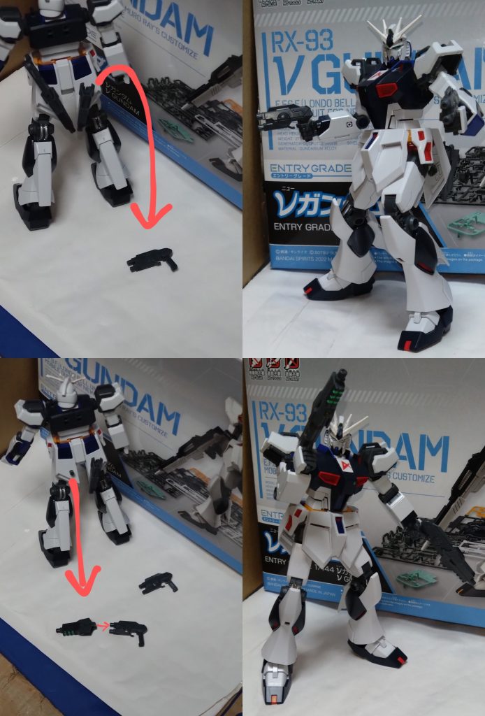 さて、武装の紹介。最初は主兵装。ビームライフル×2専用のビームライフルですが、連射性に優れたライフル。上と下の銃口から交互に連続で放つビームライフルとなり、２丁ライフルはハーメスが得意とする戦法でもあります。 ロングレンジビームライフル×2ビームライフルの先端にロングレンジのパーツを接続したことにより、出力が強化されたビームを放つライフルに。 これらのライフルは非使用時は常に後ろにマウントするようにしております。ロングレンジが必要な時は接続した状態のライフルごと、ただのライフルのみの場合はロングレンジのパーツから分離して持たせる…という使用です。