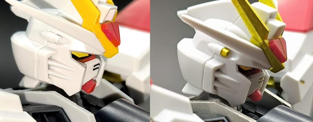 素組みの顔も口は短くしちゃってますが、横の比較です。こう見ると改修後の顔は初代フリーダムにも合うかも?