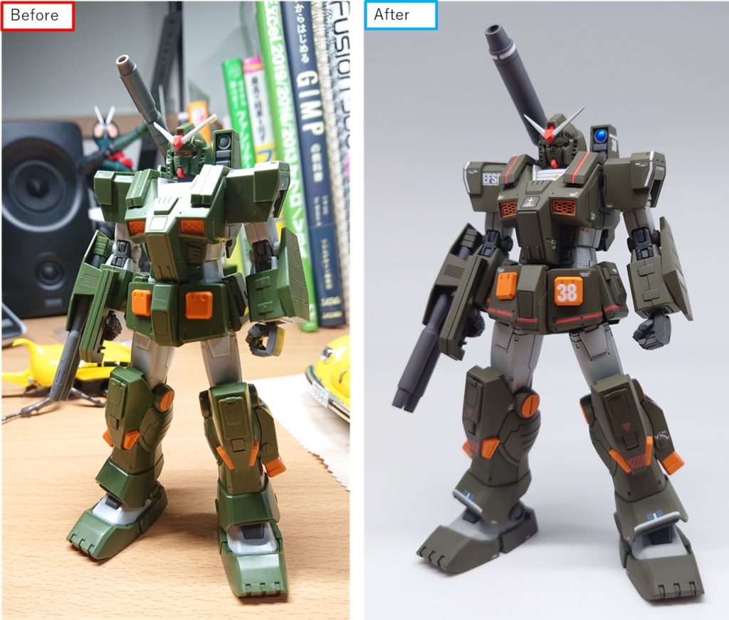 主な改修点は以下です・胸部ダクトをカーモデル用エッチングパーツを加工したものと置き換え・2連ビームガンとロケット砲をジャンクパーツやプラパイプで太く加工・小型シールを2mm延長・ビームサーベルのホルダーをHGのMSD版ジムから流用