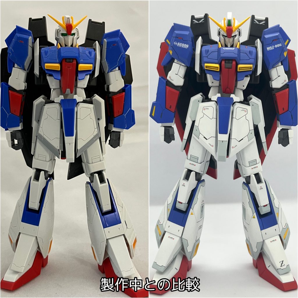 製作途中との比較画像。肩部、フロントアーマーの大型化が確認出来ると思います。