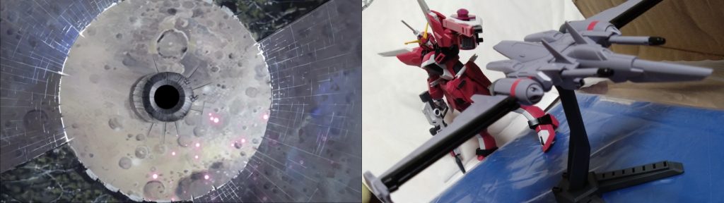 残るはA.G.のヴェイガンギア・シドのみ。 だが、ここで思いもしない事態が起きてしまった。 『またコピーズが出現!これは……MSでもMAでもない!』『サクラ、それってどういうこと!?』『今、月に現れた。これは……えっ!?レクイエム!』 今回のラスボス(?)がいよいよ登場。まさかの破壊兵器だなんて、一体誰が予想しただろうか……。 『レクイエムの破壊を優先して!』『射線上に民間のコロニーを確認したわ!このままでは多くの人の命が…!』 サクラやユノがそう話す。シンやアスランはすぐさまレクイエムを破壊しようと動こうとするが、ヴェイガンギア・シドが2人を妨害。 破壊できるのは今、敵に狙われていないあるジャスティスだけだった……。 「アース、レクイエムを!」「ここは俺達が!アンタは早くレクイエムの破壊を!」 アスランとシンに言われ、アースはすぐに向かおうとした。 その時、 「役に立つかもしれない、これを使え!」 アスランは弐式の背中に装備していたフォランテスをスペランツァジャスティスに向かって射出した。