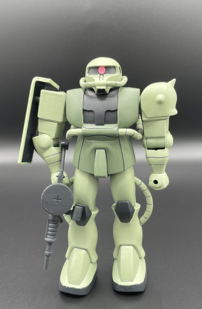 これぞザク　アニメから飛び出してきたかのようなザク。今でこそ量産型ザクⅡ、０６Sなど、様々な呼び方・分類が存在しますが、私の中では・・・”このザク”は「ザク」と呼ぶのが正しいと思っています。劇中では一貫してザクと呼ばれているからです。プラモの箱には思いっきり「量産型ザク」って書いてありますけどね(笑)　自分なりのこだわりです。