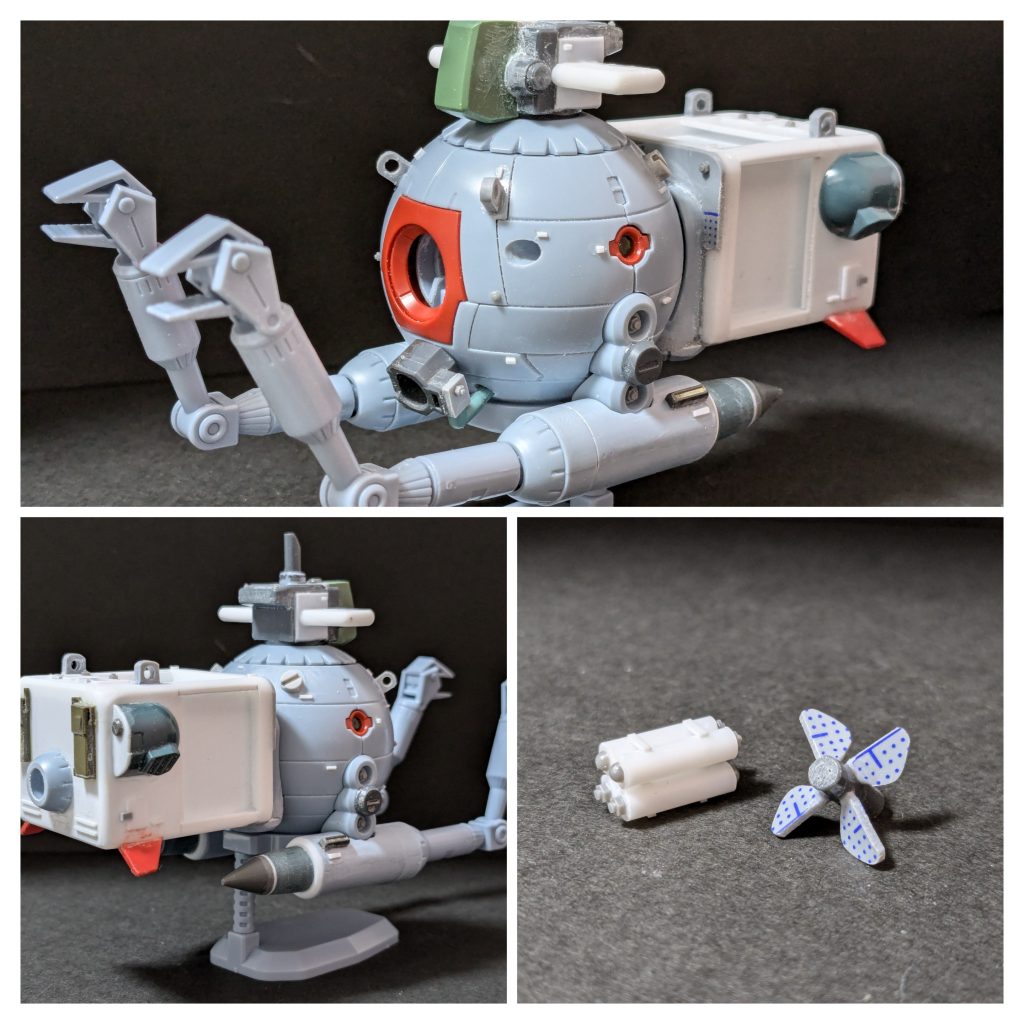 塗装2歩手前。ボールの基本構造はほぼ変更なしで（この写真の後でアームは短くしています）、色々とくっつけた感じです。本体正面と背部ユニット上部に輪っかを計4つ付けてますが、母艦に引き上げるために懸架する際に使う目的で、小さなこだわりポイントです。昨年投稿したボール3機（重力戦線・IFV・特務機）を作って1機余っていたのを、コメント欄で深海用はどうかとご示唆いただいていたのですが、やっと実現できました。ちなみに作る前に少し潜水艦について調べてみましたが、現代の潜望鏡は折れ曲がっていないんですね。。