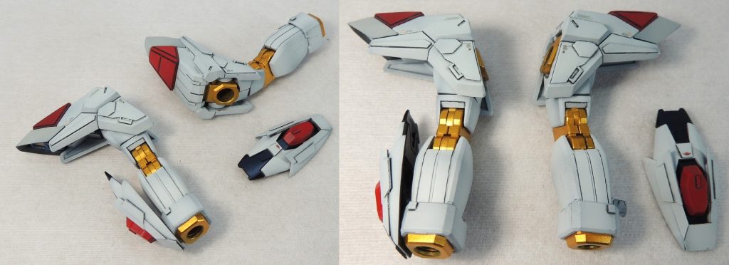 肩と腕は、スジ彫りとプラ板の貼付によるディティールの追加を行いました。宇宙世紀とコズミック・イラの違いを意識してモールドを加えています。