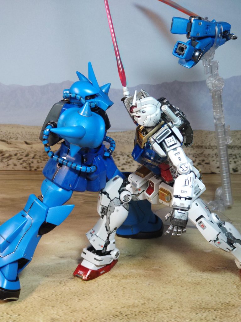 ランバ・ラルのグフとの名シーンここも作画の嘘で何気に難しいシーンなんですが、難なく再現下から斬り上げる様が、上手く表現できたと思います