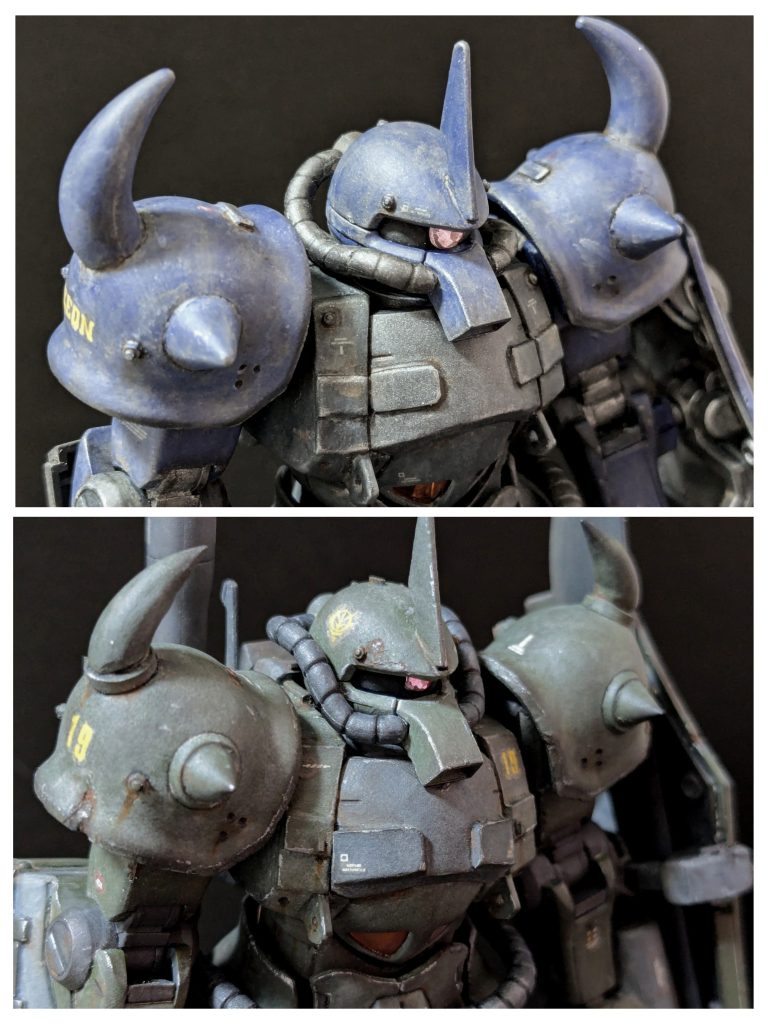 最後に、以前投稿したグフウェザリングのリメイクなので比較を。モノアイレールの幅詰めはしていないのですが、モノアイのクリアパーツを小さくしたら目つきが悪くなりました。