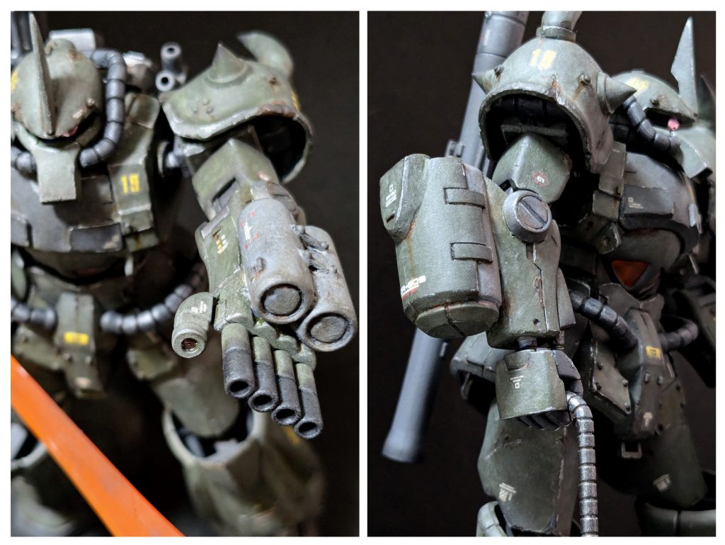 トンデモ武装②のフィンガーバルカンは、どう考えてもマガジンはハンドパーツに付けないと給弾できないので、ドラムマガジン×2で内部が二重構造なら砲身×4に給弾できるだろうと設定（どうしても給弾できない親指はスコープに）。トンデモ武装③のヒートロッドの収納場所は色々と既存の考察がありますが、右腕にコンテナ付けるのが無理がないと考え追加。