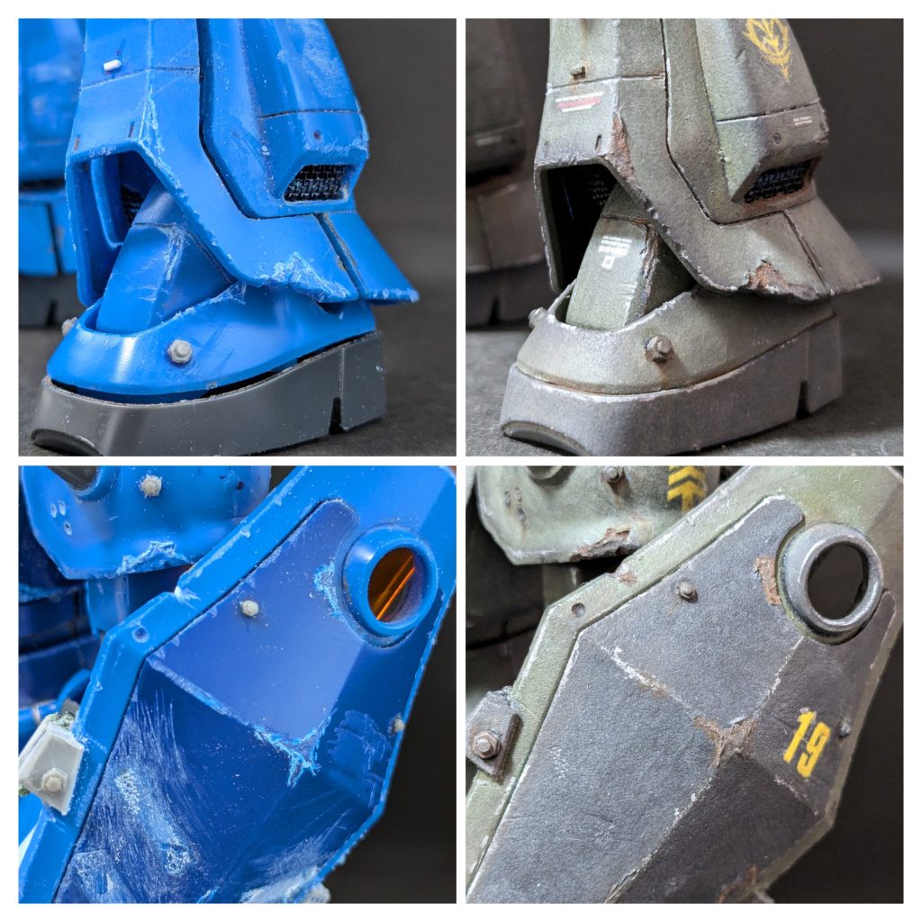 こだわりポイントの塗装剥げと錆。今まではチッピングやダメージ加工でしたが、今回は表面をデザインナイフでめくって、めくった箇所を粗くして、縁にマットパウダーをステインブラウンで溶いたものを乗せてみました。