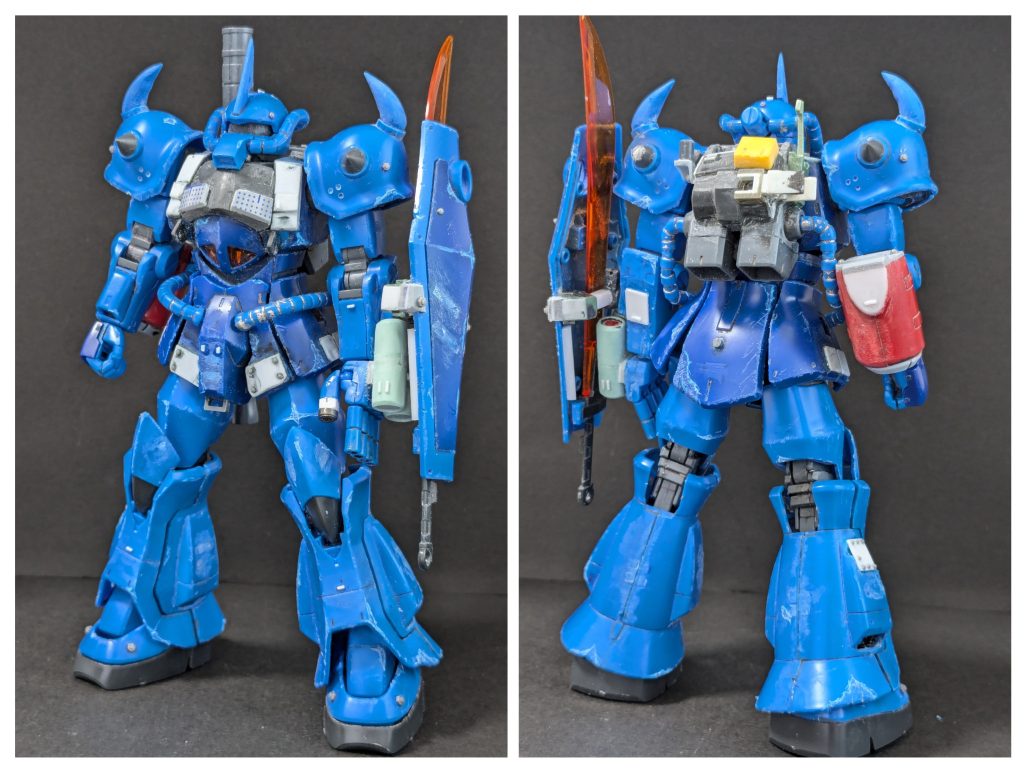 塗装前。基本はグフそのままで、色々くっつけてます。今回は改造よりウェザリングを頑張りました。