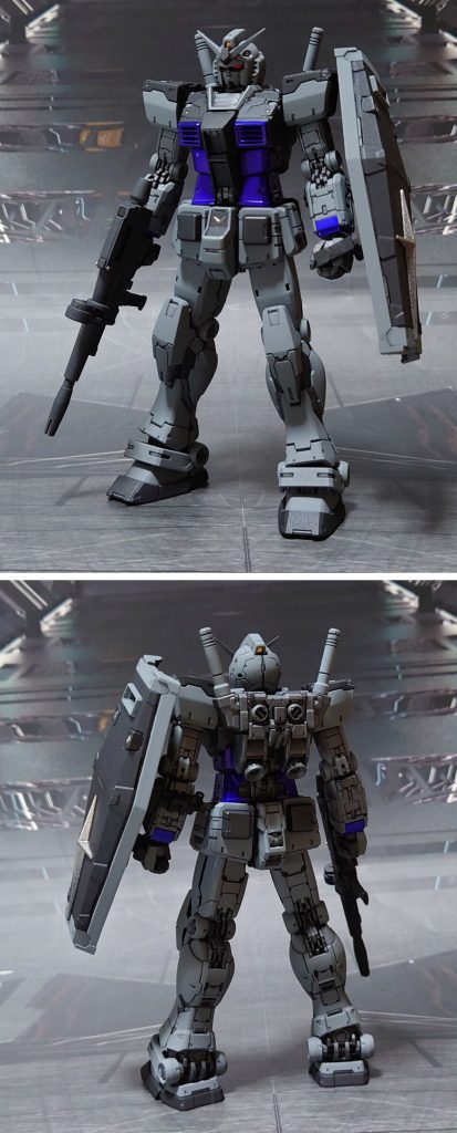 RGガンダムVer.2.0の前後ろ。工作は、ゲート痕処理、エッジ尖らせ、パーティングライン・段ズレ・ヒケの対処、面出し、市販パーツ貼り付け・埋め込みによるディティールアップを実施。頭部の気になるところを、削って均してみました。