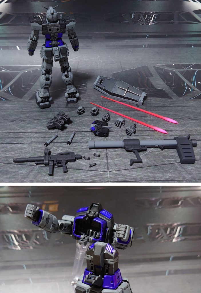 付属品一式と、コアブロック合体機構。■塗装レシピグレー：黒サフ→呉海軍工廠グレー→つや消し黒：黒サフ→メタリックブラック→つや消し紫：黒サフ→シルバーリーフ→フロストパープル→光沢銀：黒サフ→シャインシルバー→光沢フレーム類グレー：黒サフ→ブライトガンメタル→つや消し武器類黒：黒サフ→MSグレー連邦系→つや消し武器類グレー：黒サフ→ガンメタル→つや消しシールドジョイント：黒サフビームサーベル刃：根元にベースホワイト→先端側にメタリックレッド→全体に蛍光ピンク頭部メインカメラ・リアカメラ：市販のシール素材→光沢ツインアイ、ビームライフルセンサー：ガンダムマーカー・ロイヤルメタレッド→光沢コアファイターキャノピー：フロストパープル→光沢その他墨入れ・部分塗装：ガンダムマーカー各種