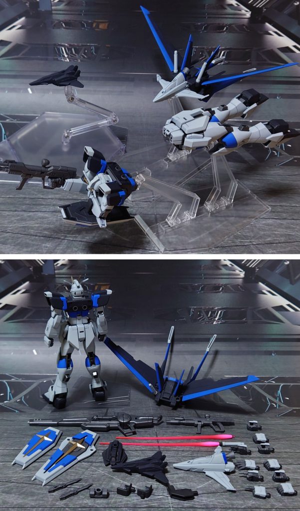 分離形態と付属品一式。手首は30MMオプションセットに丸ごと差し換え、武装にHGCEゲルググメナースのレールガンを1丁追加。シールドは組み換えが大変なのでパーツを2セット用意、接続ジョイントも凸を片方削ったものを2種類用意。また、ナイフ(フォールディングレイザー)はHGCEには付属しないため、RGのものを用意しました。