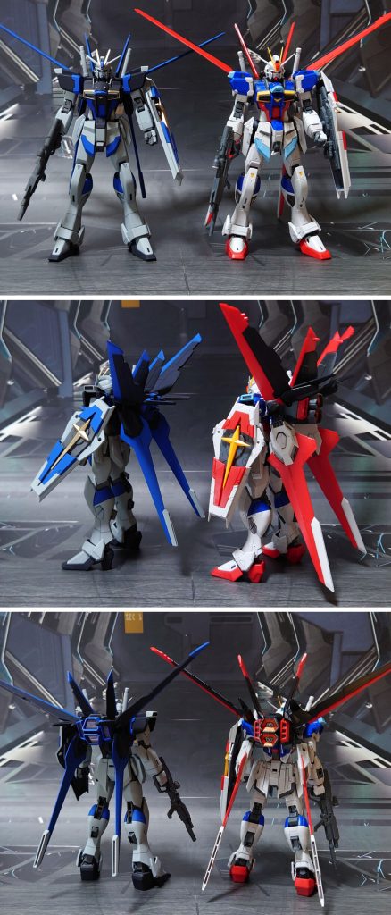 RGフォースインパルスガンダムとの比較。■塗装レシピ白∶黒サフ→明灰白色→つや消し青:黒サフ→キャラクターブルー→つや消し濃青:グレーサフ→ダークブルー→つや消し金:黒サフ→ブラック→メタルゴールド→つや消し関節類グレー:黒サフ→ブライトガンメタル→つや消しポリキャップ:PPプライマー→ブライトガンメタル→つや消しジョイント類各種:黒サフビームサーベル刃:根元にベースホワイト→先端側にメタリックレッド→全体に蛍光ピンクツインアイ:黒サフ→ガンダムマーカー・光の翼ホロブルー→光沢頭部センサー:キット付属シールにガンダムマーカー・ガンダムメタブルー→光沢レールガンセンサー:市販のシール素材を使用その他墨入れ・部分塗装:ガンダムマーカー各種