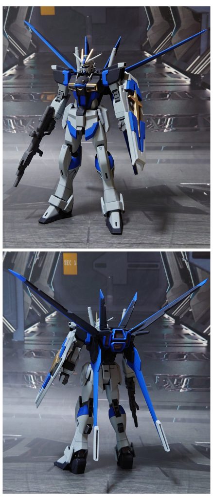 フォースインパルスガンダムの前後ろ。工作は、ゲート痕処理、パーティングライン・段ズレ・ヒケの対処、面出し、肉抜き穴埋め、合わせ目消し、市販パーツ埋め込みによるディティールアップを実施。合わせ目が割れて復活してしまった箇所もあり、後で挟むパーツの調整不足だったことが反省点。ジャンクパーツ販売等で交換用パーツが入手できたら、補修予定。